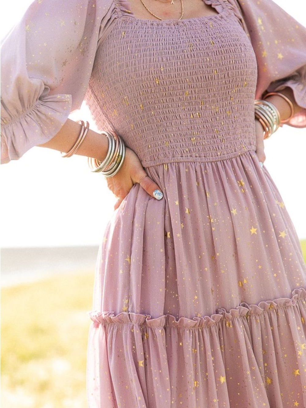 Ivy City Co Mauve Star-Print Smocked Midi Dress